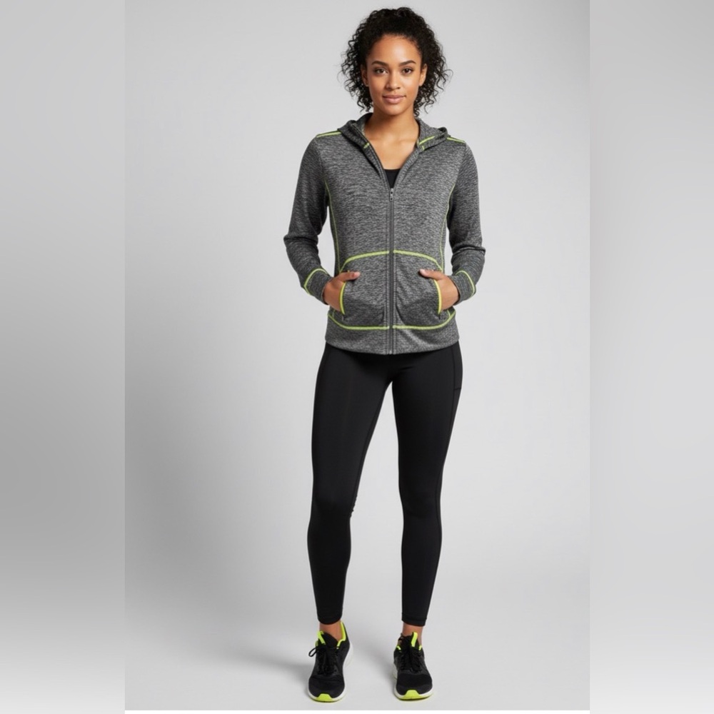 Heather Gray Zip-Up Hoodie with Neon Yellow Trim
